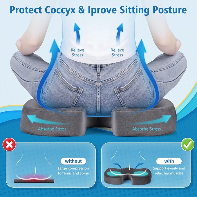 CloudBliss Gel Memory Foam Seat Cushion for Long Sitting, X-Large, Grey | Gel Chair Pad for Tailbone, Coccyx, Sciatica , Soft Suede Cover, Non-Slip , Washable Mesh, for office, home, car - Image 4