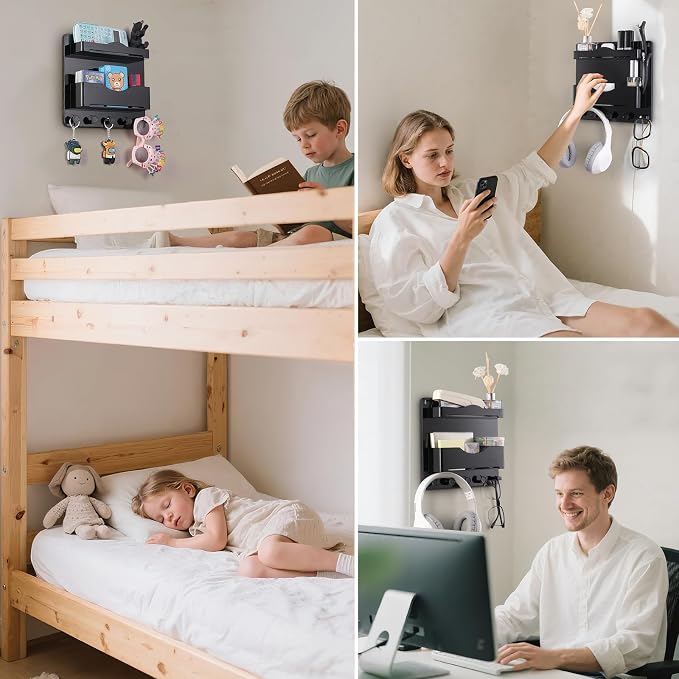 Bedside Wall Shelf with Glasses Hooks ，Adhesive Bedside Organizer Wall Mount for Dorm and Room Accessories Phone，Remote，Earphone， Kindle (Black) - Image 6