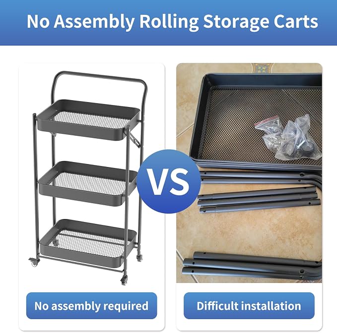 JAQ No Assembly Foldable Rolling Cart, 3 Tier Black Metal Folding Utility Cart with Handle, Heavy Duty Mobile Storage Organizer on Wheels for Office, Garage, Tools & Kitchen (Black) - Image 3