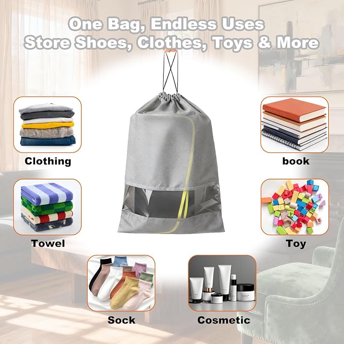 20 Pack Shoe Bags for Travel, 17" x 12.6" Drawstring Shoe Organizers with Clear Window, Breathable Non-Woven Dustproof Pouches for Luggage & Closet (Gray) - Image 6