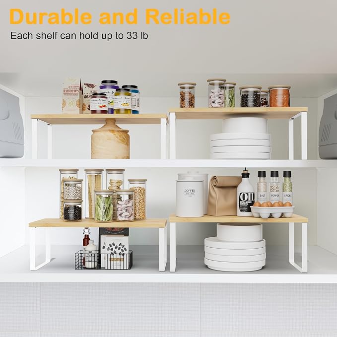 OGEMXU Cabinet Shelf Organizers, 15.7 inches Large Kitchen Counter Shelf, Set of 4 Wood Kitchen Pantry Organizer, Storage Shelves for Countertop, Spice Rack, Stackable, Expandable, Metal White, Nature - Image 4