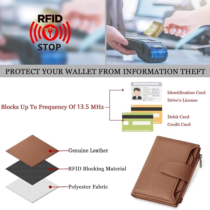 Small Wallet Women RFID Blocking Soft Leather Bifold Compact Card Holder Wallet for Women with Zipper Coin Pocket 4 ID Window - Image 6
