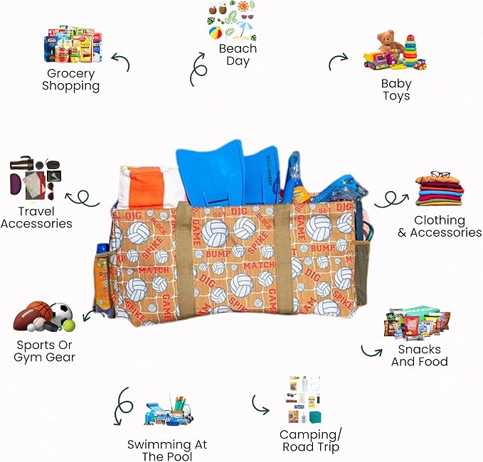 Extra Large Utility Tote Bag - Oversized Collapsible Reusable Wire Frame Rectangular Canvas Basket With Two Exterior Pockets For Beach, Pool, Laundry, Car Trunk, Storage - Volleyball - Image 3