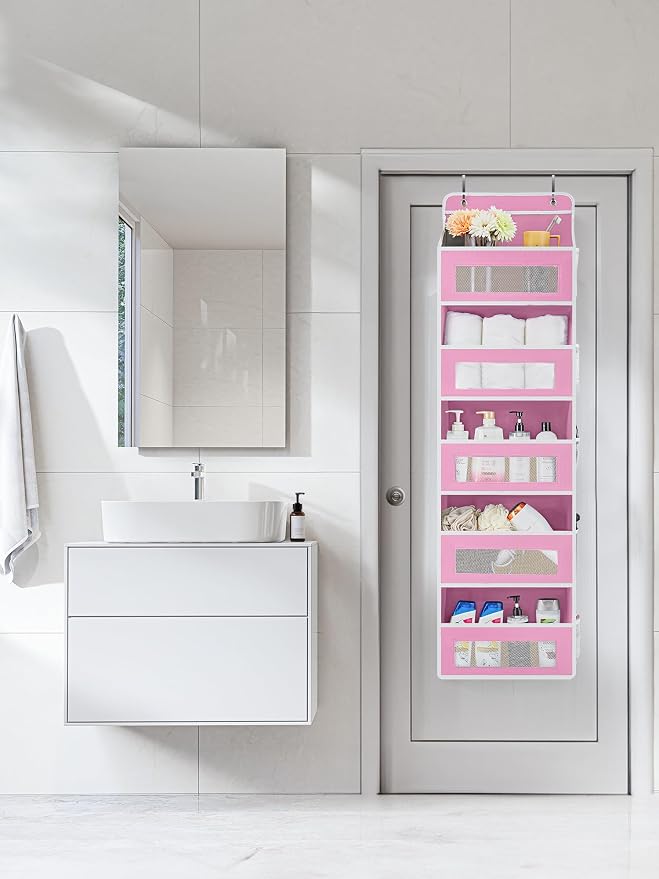 JARLINK Over the Door Organizer for Bedroom, Pantry, Bathroom, 5 Shelf Pink | Anti-Tilt Design, 44 lb Load Capacity, Hanging Door Organizer with 5 Large Capacity Pockets, Behind Door Storage for Nursery - Image 3