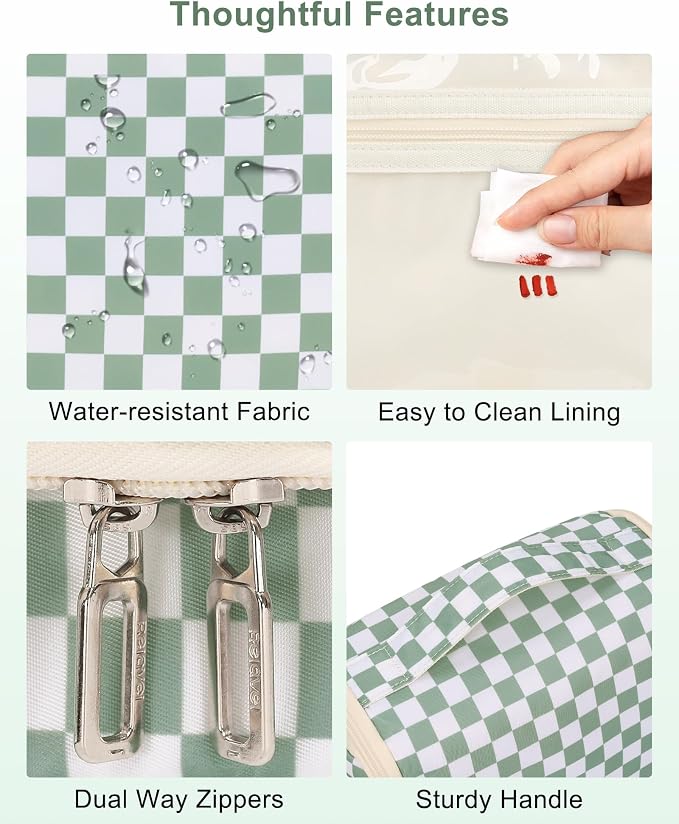Relavel Travel Toiletry Bag for Women Makeup Bag Cosmetic Organizer Toiletries Bag with Hanging Hook for Travel Size Essentials Accessories Shower Caddy Bag for Bathroom Beach Gym, Green Checkerboard - Image 9