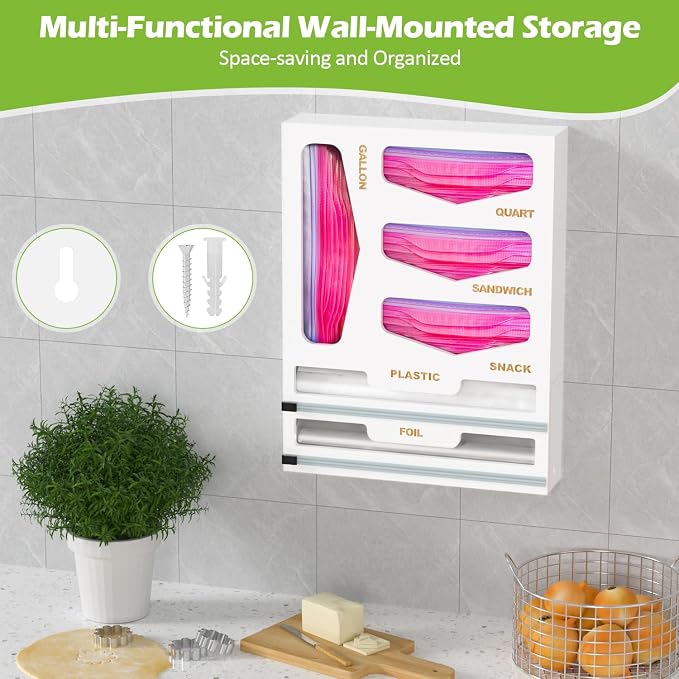 6 in 1 Bag Organizer and Wrap Dispenser with Magnetic Lid - Plastic Wrap Dispenser with Cutter for Kitchen Drawer, Storage for Gallon, Quart, Sandwich, Snack Bags, and Foil White - Image 5