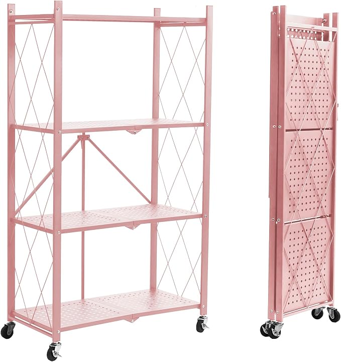 BRIAN & DANY 4-Tier Foldable Storage Shelves with Wheels, Folding Metal Rack Shelving Unit, Heavy Duty No Assembly Organizer Shelf for Garage, Kitchen, Basement, Pantry, Pink by BRIANDANY