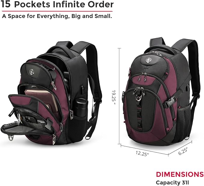 Swissdigital Design Laptop Backpack with USB Charging Port, Travel Backpack Fits 15.6 inches Computer, 31L College School Backpack for Women, Angola red/Black | SD803-44 - Image 4
