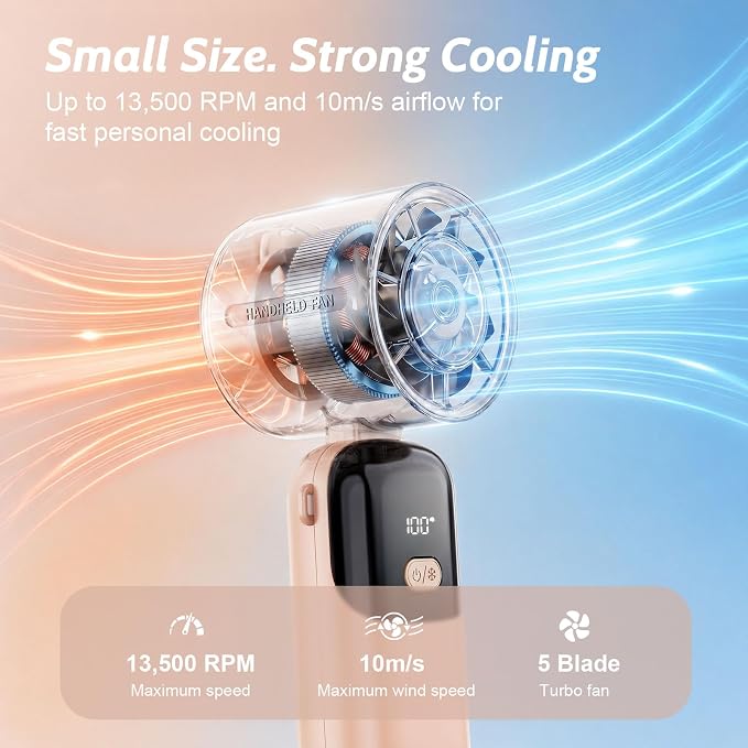 5000mAh Portable Handheld Fan, USB-C Rechargeable Mini Fan with 100 Speeds | LED Display, Strong Airflow,12H Runtime, 3 in 1 Hand Fan for Travel, Outdoor, Beach, Cruise, Concerts, Gifts for Women - Image 3