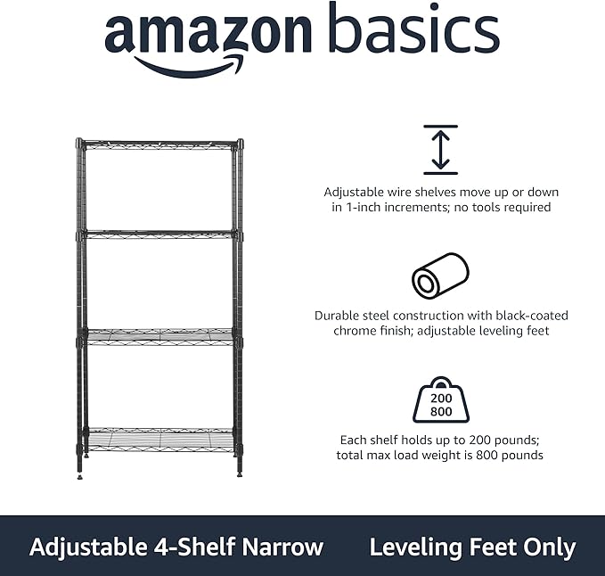 Amazon Basics 4-Shelf Steel Wire Storage Shelves for Garage, Adjustable Metal Shelving Unit, 200 lbs Per Shelf, 23.2" W x 48" H x 13.4" D, Black | Sturdy - Image 4