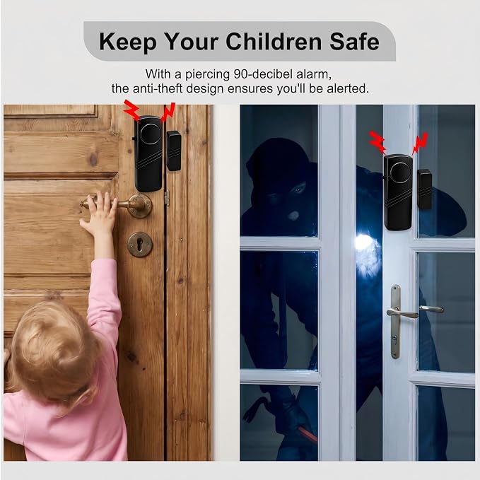 Door Window Alarm, 90dB Door Alarms Sensor for Kids Safety, Home Security, Door Window Burglar Alarm, Window Pool Alarms for Home, Apartments, Offices, Hotel Rooms (4pack-Black) - Image 3