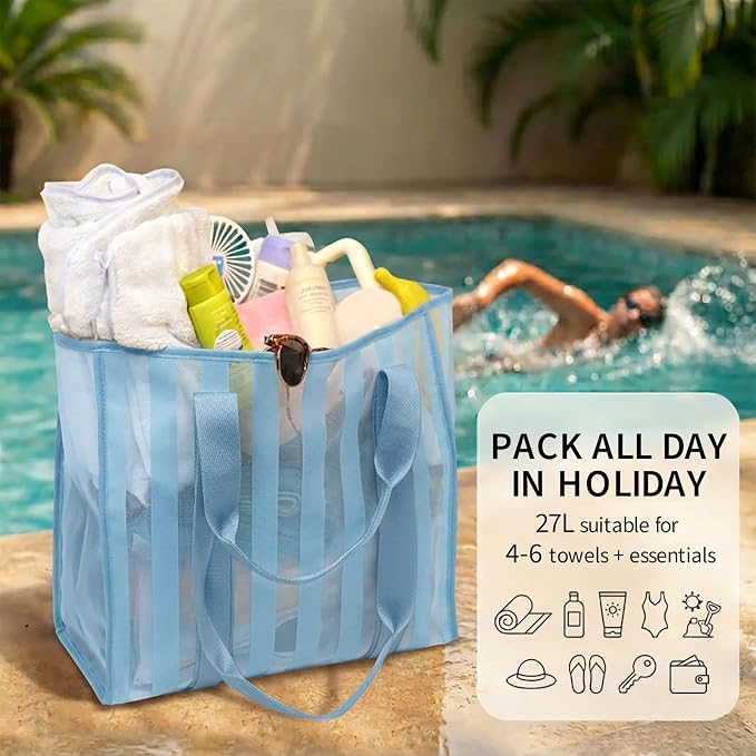 MOMINSIDE Beach Bags for Women Mesh Beach Bag - Large Grocery & Beach Tote Bag with Zipper, 2 Insulated Pocket, Hat & Towel Clips, Foldable Swim Bag Pool bag for Toys, Towels & Vacation Essentials - Image 4