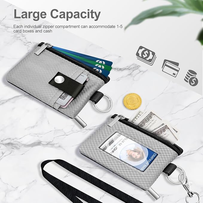 Minimalist RFID Blocking Small Wallet with ID Window,WaterResistant Zip Id Case Wallet with Lanyard Keychain for Cards,Cash,Travel,Women,Men (Light gray) - Image 7