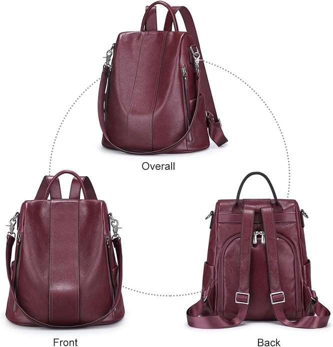 S-ZONE Leather Backpack Purses for Women Antitheft Rucksack Shoulder Bag Medium | Genuine Leather, Medium Fits 9.7-inch Tablet, for Work Travel Daily Commute, Multi Pockets, Adjustable Dual Straps - Image 6