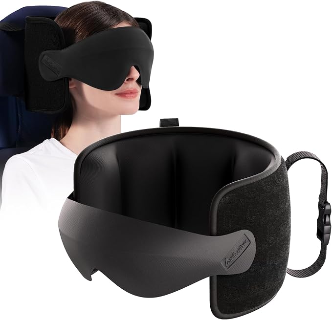 Travel Pillow for Airplanes Head Strap Support, 3D Eye Mask | 360 Airplane Sleep Support Headrest Pillow No Bobbing Head Sleeping Aid Travel Essentials for Long Flights/Car/Trip Black by AirNeckFree