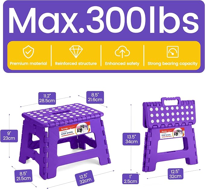 Folding Step Stool 9 Inch, Non-Slip Foldable Stools for Kids, Purple | Heavy Duty Collapsible Foot Stool, Lightweight, Holds 300lb for Toddler/Adults Kitchen Bathroom Bedroom Outdoor, with Handle - Image 4