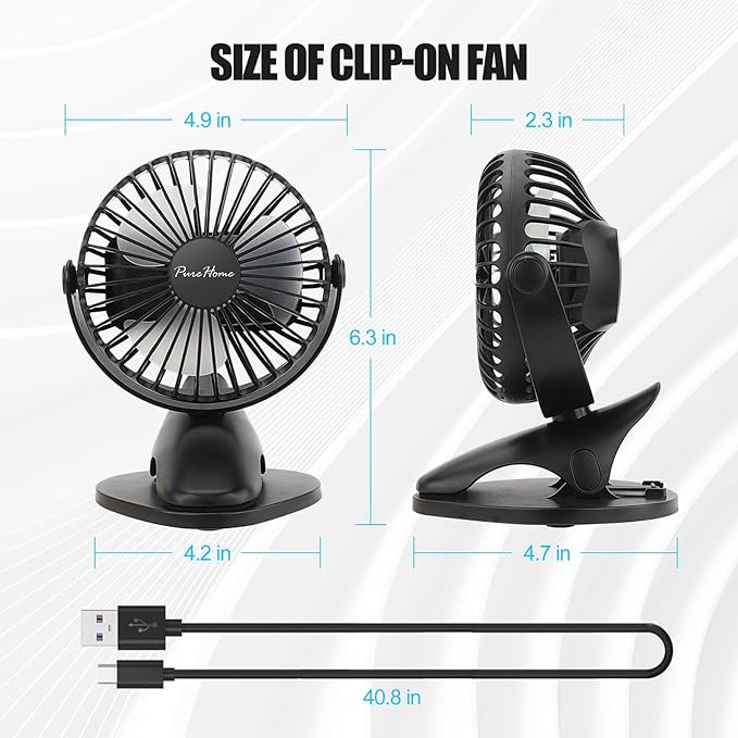 Portable Clip Fan Battery Operated,3 Speeds USB Rechargeable Mini Table Fan with Strong Airflow,360°Rotation Ultra Quiet Personal Desk Fan for Home Office Bedroom Dorm Stroller Camping(Black) - Image 7