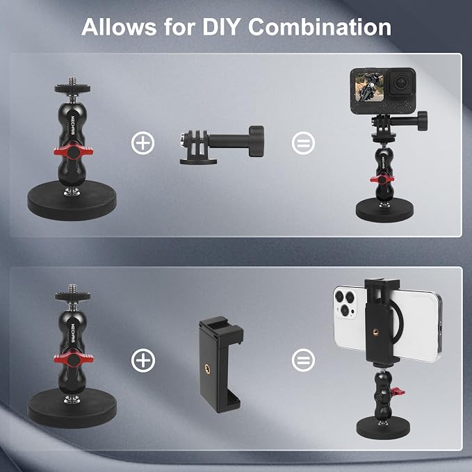 Magnetic Camera Mount for Action Camera- Strong Magnet Base with 360° Rotation Ball Head Magic Arm &1/4"-20 Thread & Phone Holder,Metal Compatible with Pocket 3 /X4/X3 for Car Gym,JC024 - Image 6
