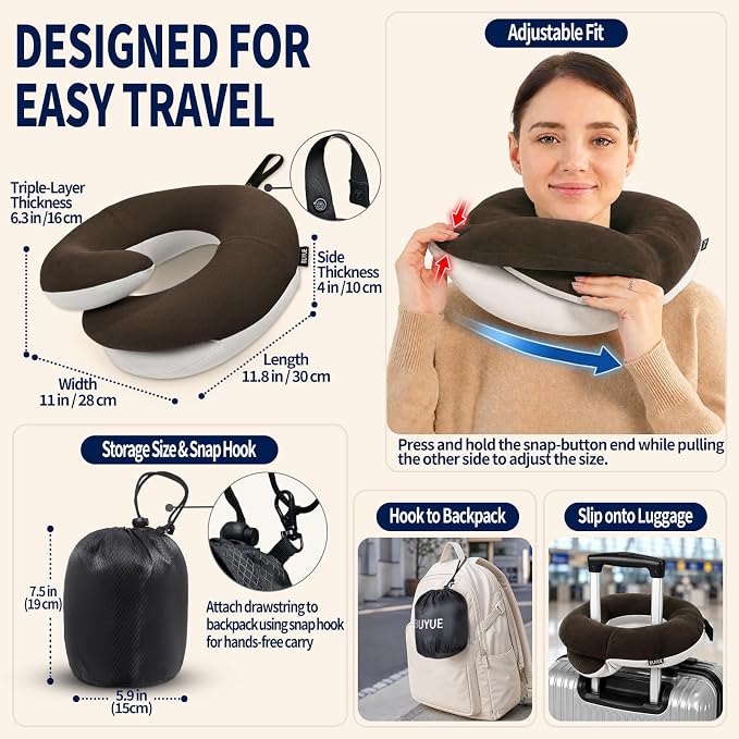 Travel Neck Pillows for Airplanes, Memory Foam 360° Head Support Sleep for Long Flight, Skin-Friendly & Breathable, Kit with Eye Mask, Earplugs and Storage Bag (Adult, Brown, 90+ lbs) - Image 5