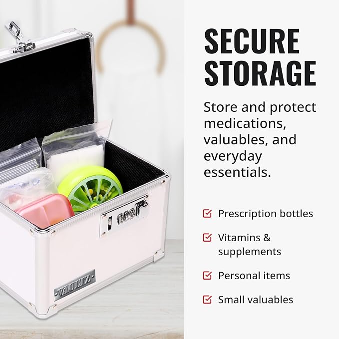 Vaultz Locking Medicine Box with Combination Lock - Secure Metal Lock Box Safe for Medication, Pills & Valuables, Small Lockbox with Code, Portable Storage Case, White | Metal lock box, storage case for medication and small valuables, 3-digit combinati... - Image 3