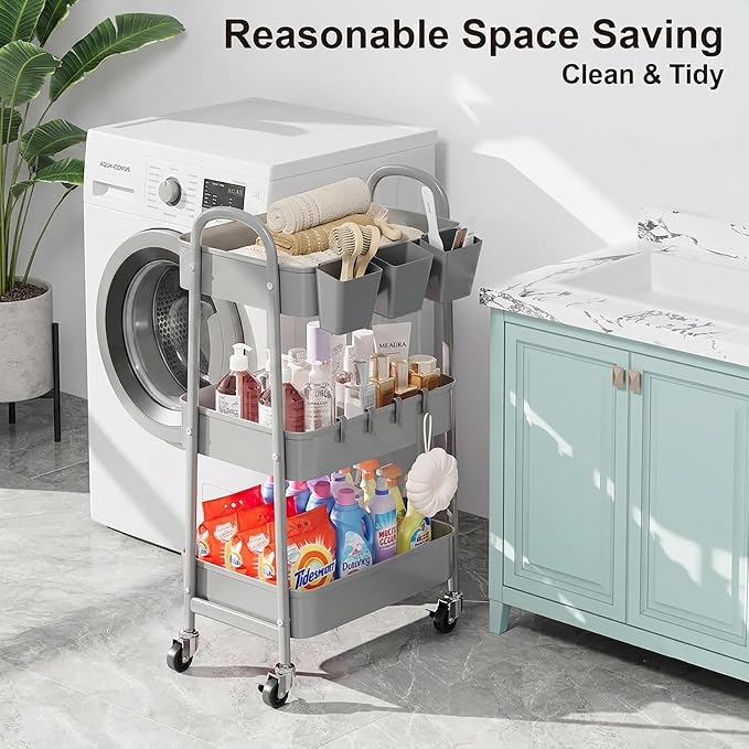 3 Tier Gray Metal Rolling Cart, Storage Cart with Handle & Lockable Wheels | Multifunctional Three Tiered Utility Organizer Carts for Kitchen, Office, Bathroom, Craft, Art,Snack,Baby Supplies,Mesh Shelf - Image 2