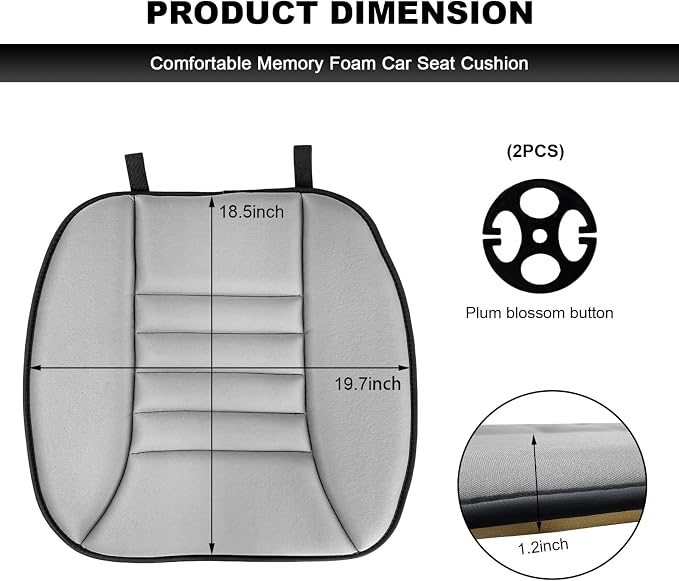 Car Seat Cushion, 1.2" Thick Comfort Memory Foam Auto Seat Pad with Non Slip Bottom, Breathable Driver Seats Pillow Pressure Relief Chair Cushion for Vehicle Office Home (Gray) - Image 2