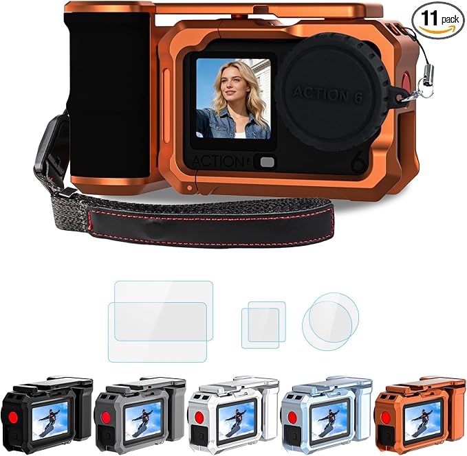 YETAKKR Camera Protection Kit for DJI OSMO Action 6 Aluminum Grip Set - 11-Piece Bundle: Street Photography Handle + Protective Cage + 9H Screen Protector + Wrist Strap Bundle Accessories (Orange) by Unknown