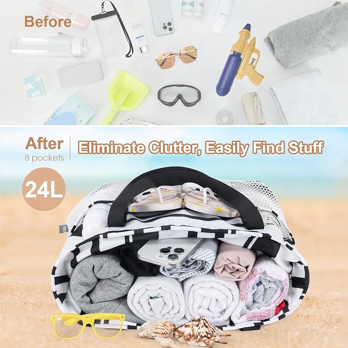KABAQOO Large Beach Bag Waterproof Sandproof Tote Bag for Women with Zipper & Mesh Pockets for Pool Swim Travel Everyday | waterproof - Image 6