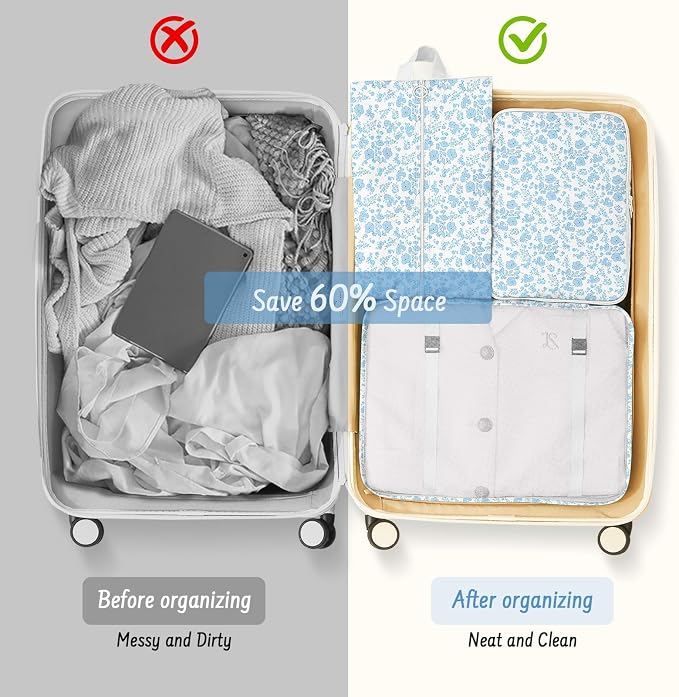 9 Set Packing Cubes for Travel Essentials - Lightweight Carry-On Luggage Organizer Bags with Shoe, Clothes & Laundry Bags for Airplane, Family & Business Travel, Blue flowers - Image 8