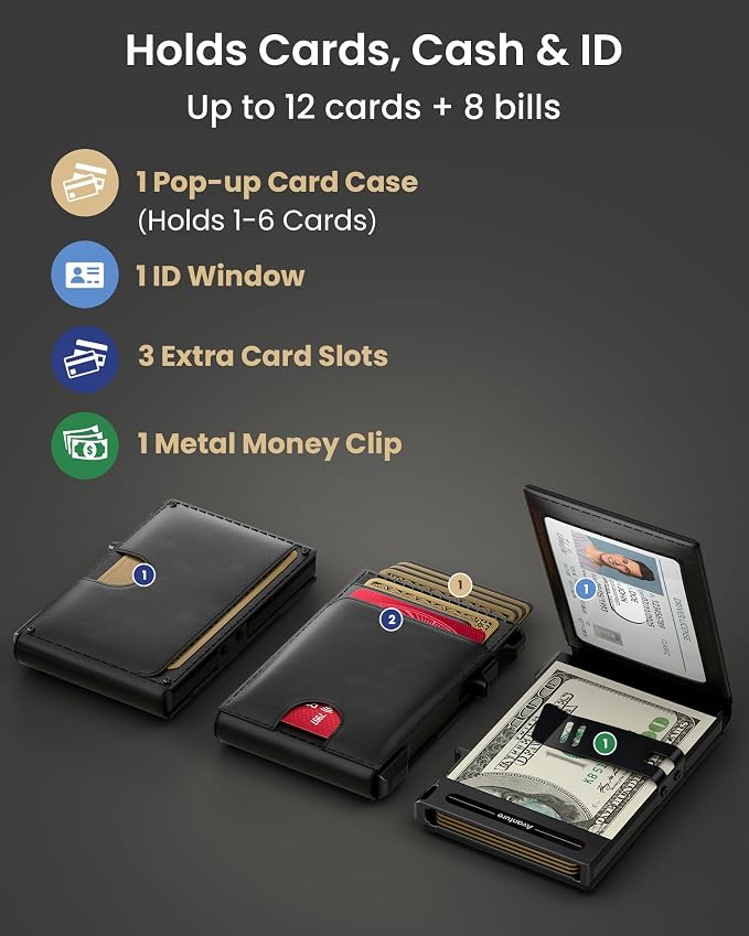 Wallet for Men Card Holder: Pop Up Card Case, Genuine Leather, Smart, RFID Blocking, Slim, Minimalist, Thin, Front Pocket - 12 Card Capacity, ID Window, Money Clip (Black) - Image 4