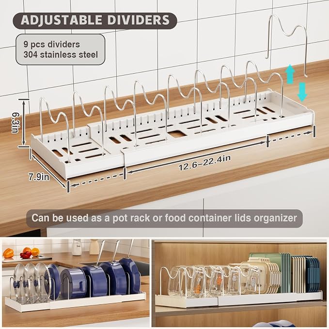 Magheo 2 Pack Expandable Food Storage Container Lid Organizers, 22" Pots and Pans Organizer Under Cabinet with 9 Adjustable Dividers Pot and Pan Lid Holders Rack Inside Cabinet(White) - Image 2