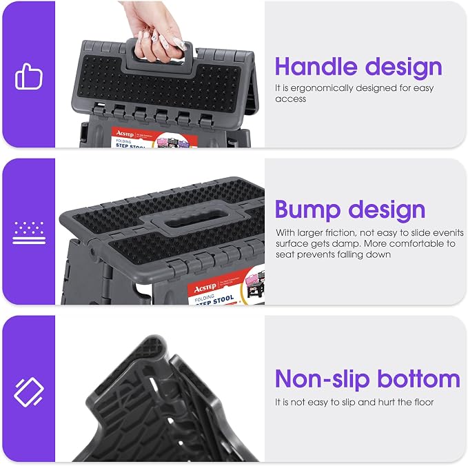 17.5 Inch Heavy Duty Folding Step Stool, 400 lbs, Dot Grey | Collapsible Stepping Stool for Adults with Handle and Non-Slip Surface, for Kitchen, Garage, Bedroom and Outdoor Tasks - Image 4