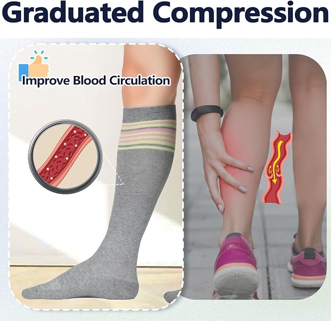 +MD Cotton Compression Socks for Women & Men 4/6 Pairs 15-20mmHg Knee High for Sports, Travel, Nursing Long Sitting Standing - Image 3