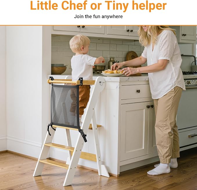 COSYLAND Foldable Toddler Kitchen Stool Helper - Height Adjustable Standing Tower for Bathroom Sink or Kitchen Counter - Step Stool for Toddlers Ages 18 Months to 6 Years White & Natural - Image 2