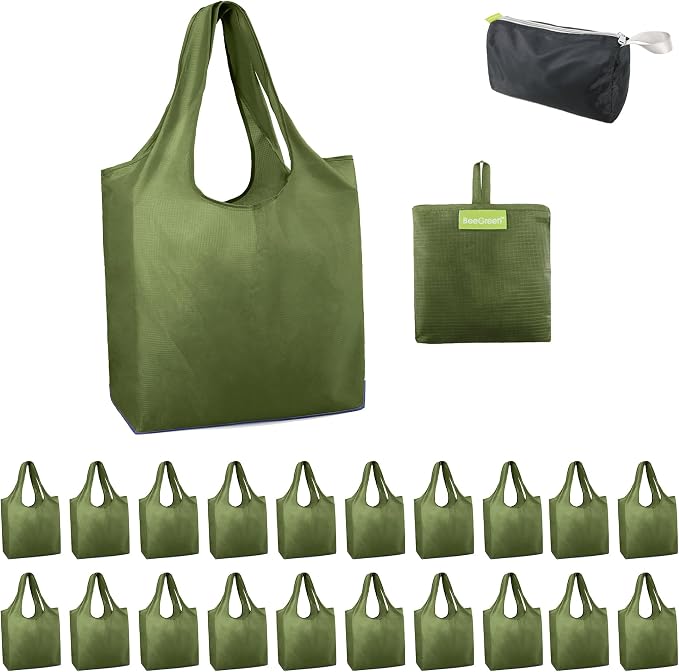 BeeGreen Green Reusable Grocery Bags Wholesale Green Reusable Kitchen Bags Bulk Foldable-Machine Washable with Zipper Storage Pouch 20 Packs by BeeGreen