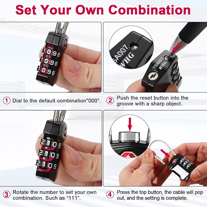ZHEGE TSA Approved Locks for Luggage Resettable (Black, 2 Pack) | 3 Digit Keyless Cable Locks with Zinc Alloy Body, Easy to Read White Numbers for Suitcase, Backpack, Bag, Toolbox, Gym Locker - Image 7