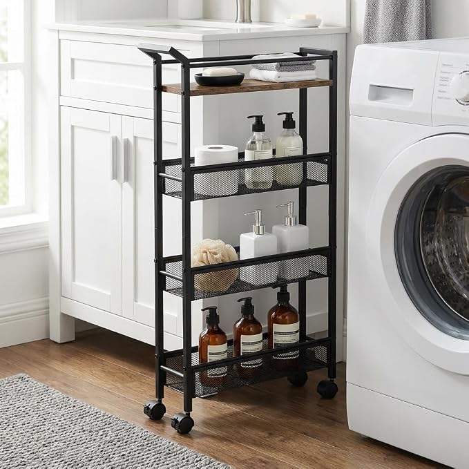 4 Tier Slim Rolling Storage Cart, 5.1 Inch Wide Narrow Storage Cart with Handle, Iron Wood Utility Slide Out Pantry Shelf Organizer for Laundry Room, Bathroom, Kitchen, Small Spaces, Black - Image 4
