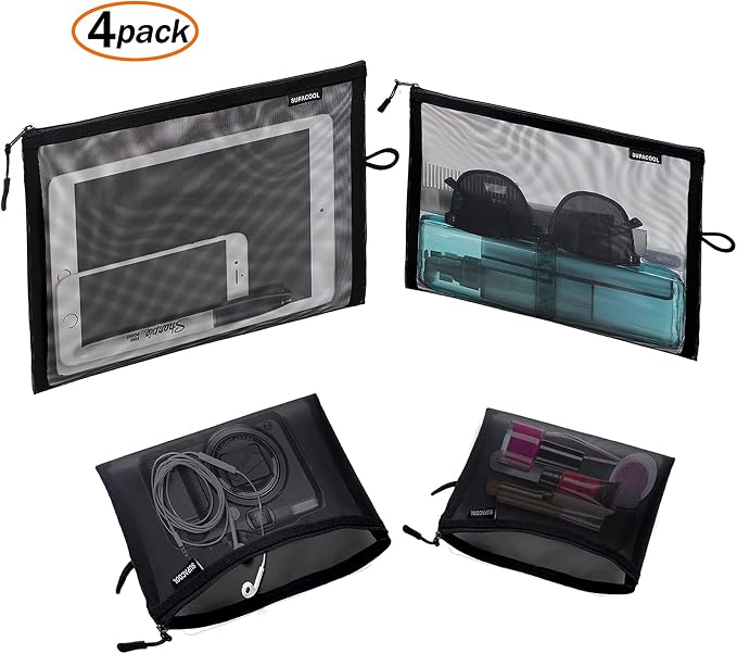Set of 4 Travel Mesh Makeup Bag, Cosmetic Organizer Pouches with Zipper, Diaper Organizing Pouches, Nylon Toiletries Bag for Women and Men(4pcs, Black) - Image 8