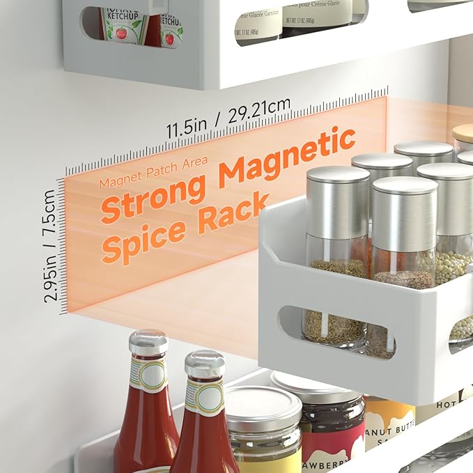2-Pack Magnetic Spice Rack for Refrigerator with Hooks, White | Strong multipurpose magnetic shelf for kitchen & bathroom organization. Includes 4 removable hooks for hanging items. - Image 2