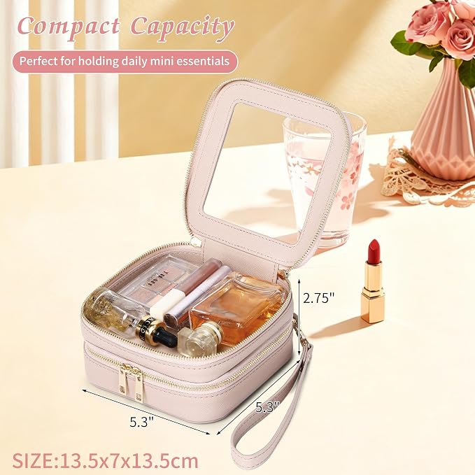 Pinkmik Double Layer Makeup Bag (Pink, 2-Layer MINI) | Small Clear Makeup Pouch, Mini Travel Cosmetic & Toiletry Bag, Purse Organizer, Car Essentials for Women - Image 3