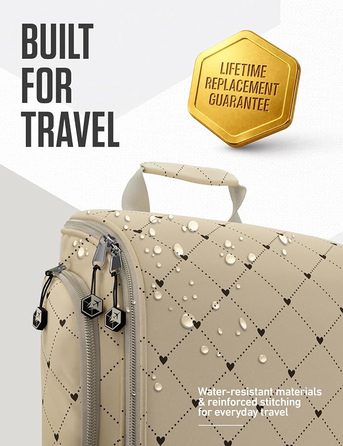 VENTURE 4TH Hanging Travel Toiletry Bag, 17 Compartments - Beige Diamonds | Hangs on rails, hooks or doors; stands upright too. Removable TSA pouch. Water-resistant 900D Nylon, reinforced stitching. - Image 7
