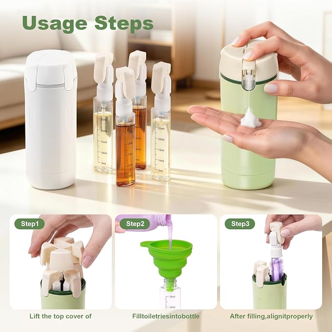 4-in-1 Travel Dispenser, 4 Pack 30ML Travel Bottles with Stickers for Toiletries –TSA Approved Leak Proof Refillable Containers for Shampoo, Conditioner, Creams, Lotions (White Set x1 +Green Set x1) - Image 5