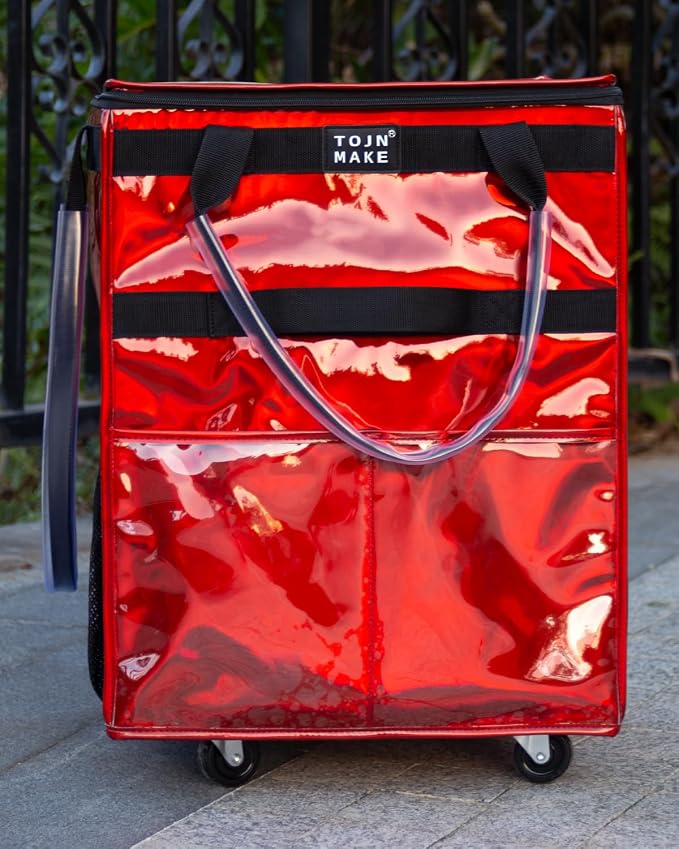 Reusable Grocery Bag with Wheels, Medium Glitter Red Rolling Tote | 8 Pockets, Zipper Cover, Foldable for Women, Kitchen, Travel, Carries Up to 66LBS - Image 5