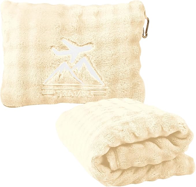 Travel Blanket and Pillow-2-in-1, Ultra-Soft&Compact, One-Piece Airplane Blanket with Hand Luggage Belt and Backpack Clip,Travelers Accessories Gifts, 61x43 Inches(White) by Unknown