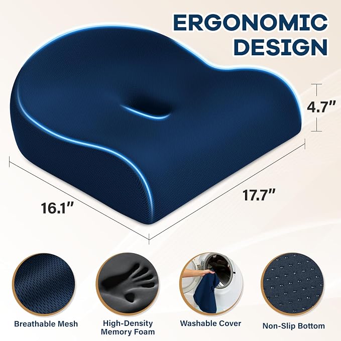 Ergonomic Memory Foam Seat Cushion for Office Chair, Blue | Wheelchair Cushions for Tailbone, Hip, Sciatica Support, Soft & Breathable, Chair Pad for Long Sitting, Driving - Image 5