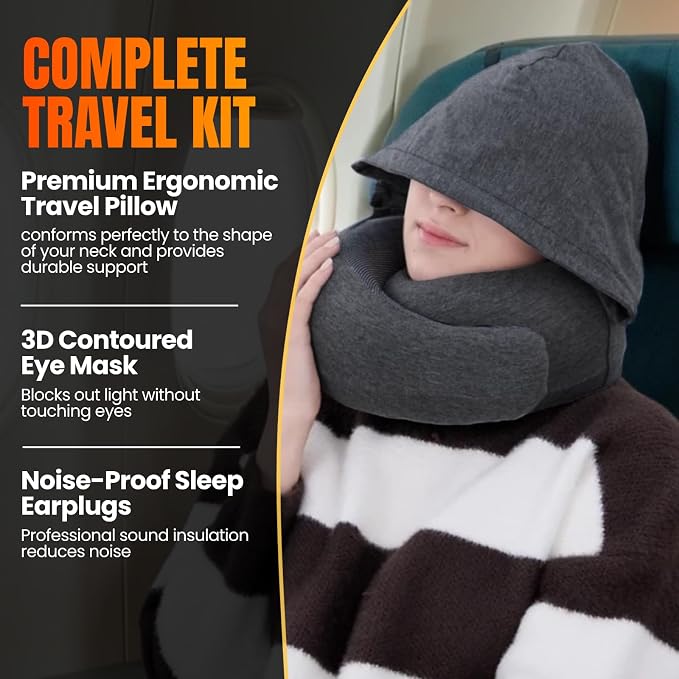 LOEXAIR™ Hooded Pro Travel Pillow - Memory Foam Neck Support Pillow for Airplane, Flight - Super-Soft Pure Cotton Fabric, Maximum Privacy & Light-Block Design, Lightweight Full Travel Kit - Dark Grey - Image 5