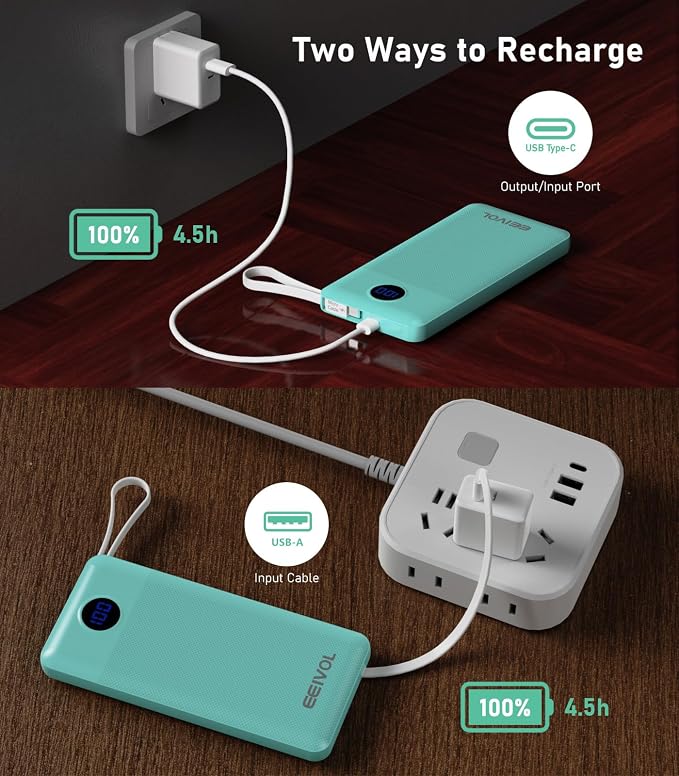 Portable Charger with Built in Cables, 10000mAh Power Bank, Battery Pack | 1 Pack, Slim, Travel Essentials, 4 Output 2 Input, for iPhone 17/16/15/14/13,Samsung, Android, etc-Green - Image 7