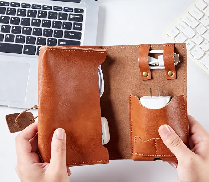 Vintage leather Electronic organizer travel case,cord keeper travel pounch, charger shortage for essentials mouse, adapter, cables,Cable Straps,Earbud case,wrap (Brown leather with band & Organizer) - Image 2