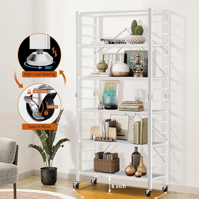 Himix 6-Tier Foldable Storage Shelves Expandable Shelf Wheels White 2-in-1 | Folding shelving units, Metal collapsible organization, Changeable into 2 shelf units, Garage, Kitchen, Holds 3600 Ibs - Image 5