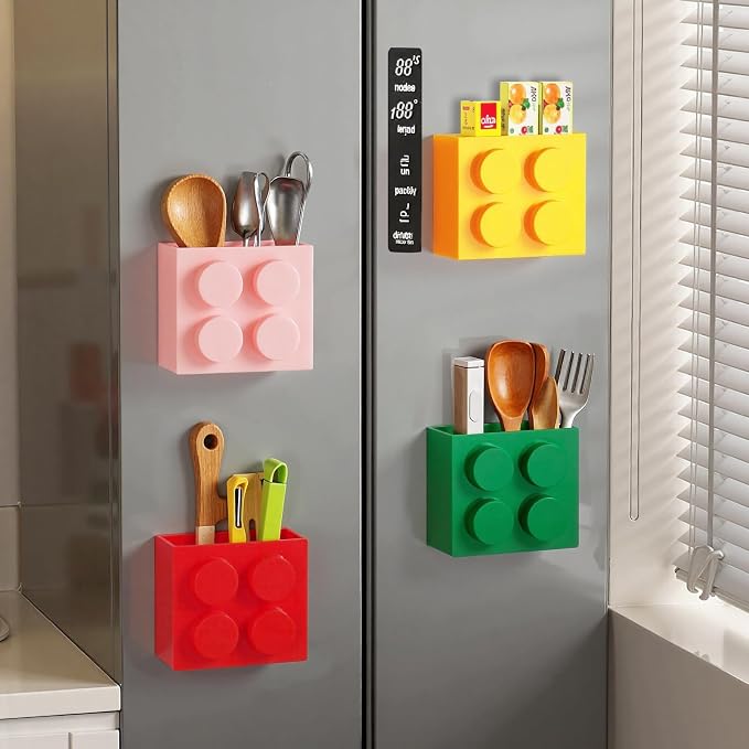Magnetic Basket Organizer for Fridge - Lego-Style ABS Plastic Storage Box,No Drill Design for Kitchen Counter, Microwave & Whiteboard, Holds Up to 3.5 lbs(Pink) - Image 5